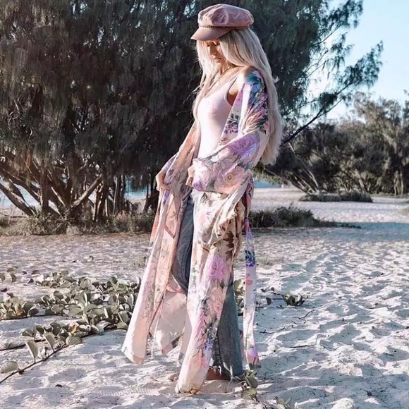 Pink Floral Lily Printed Boho Kimono Duster Robe - Picture 2 of 10